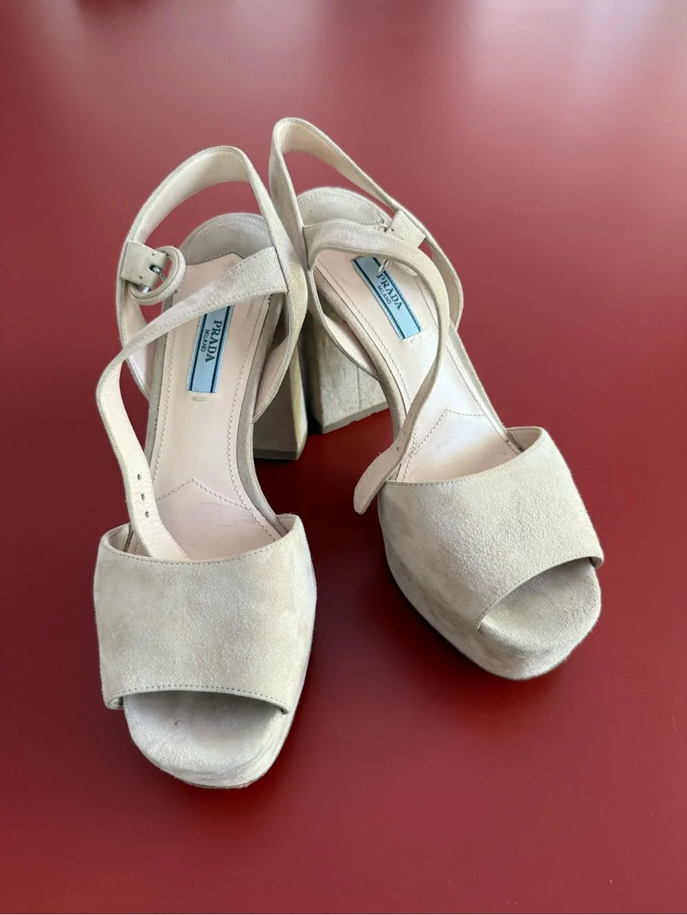 Prada Beige Suede Platform Slingback Heels